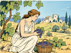 Illustration of Erigone kneeling beside a basket of grapes in a Greek landscape.